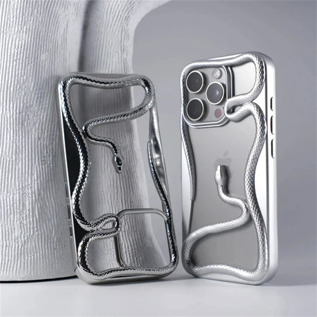 Silver snake-themed phone cases.