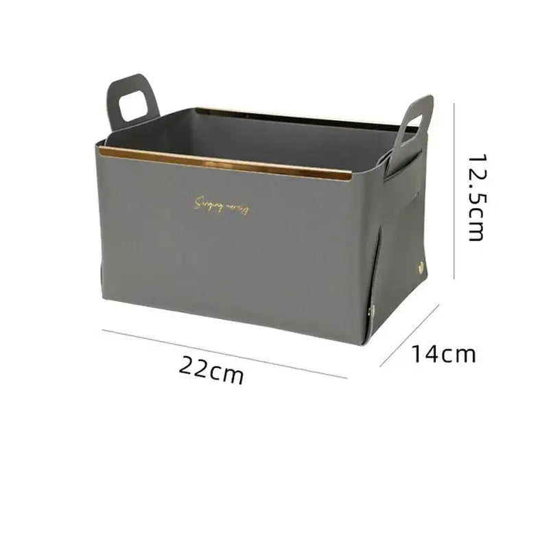 the gray storage box with handles is shown with measurements