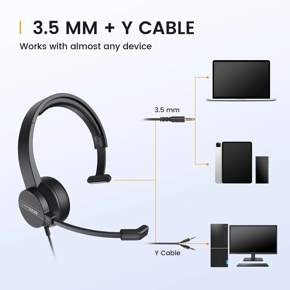 Single-ear headset with microphone and 3.5mm audio jack connector.