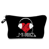 a black makeup bag with a red heart and headphones