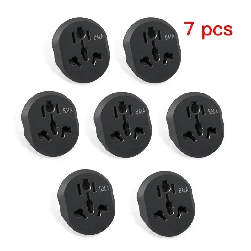 Six black plugs with the names of the plugs on them