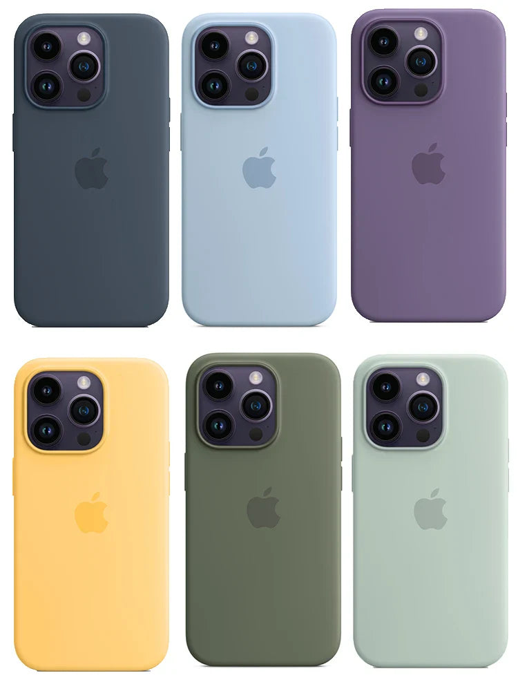 Six iPhone models in different pastel colors with multiple camera lenses.