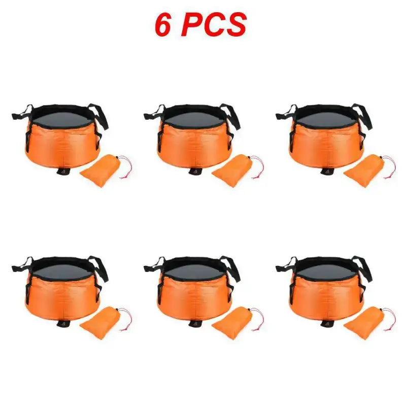 six orange bags with a black handle and six orange bags with a black handle