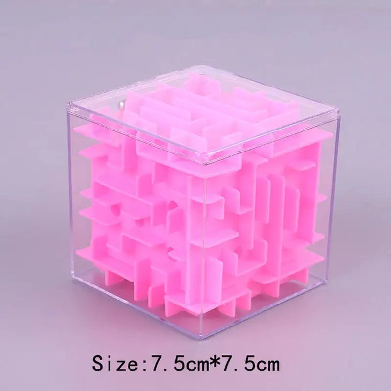 a pink cube shaped puzzle in a clear box