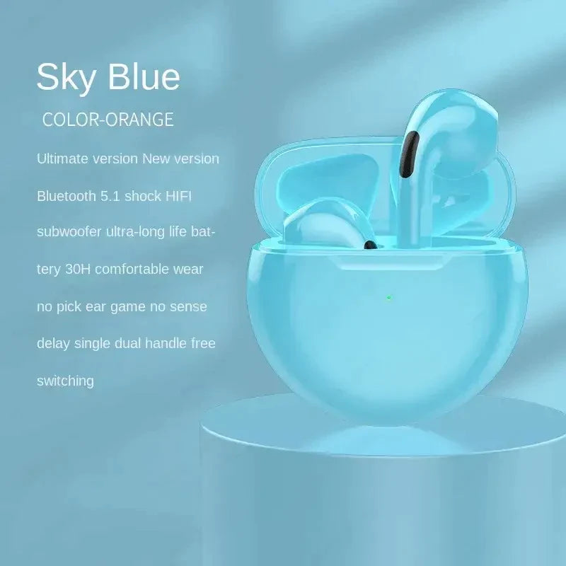 sky blue airpods with charging box