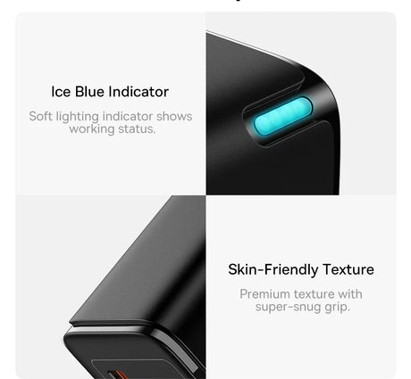 Sleek black electronic device with a blue indicator light and textured grip.