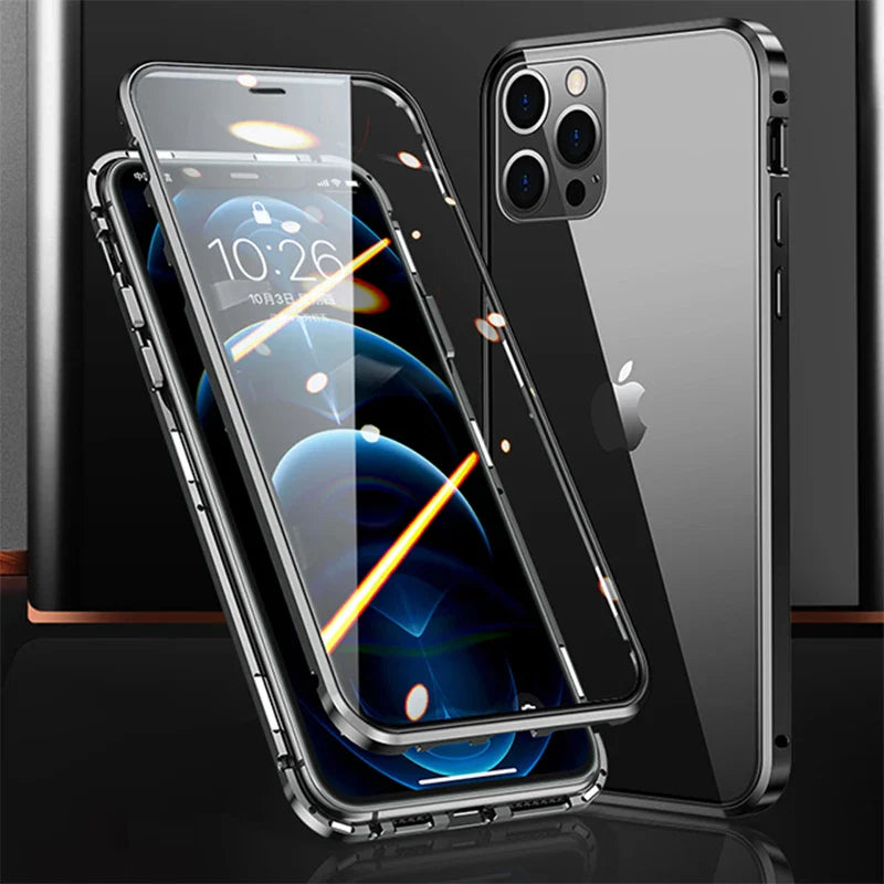 Shockproof 360 Full Protection Metal Magnetic Closure Phone Case For IPhone 15 14 13 12 11 Pro Max X XS XR 8 7 Plus Double-Sided Glass Bumper Cover