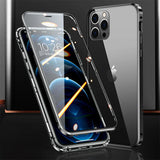 Sleek black iPhone with a transparent protective case and multiple camera lenses.