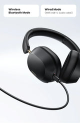 Sleek black over-ear headphones with both wireless and wired connectivity options.