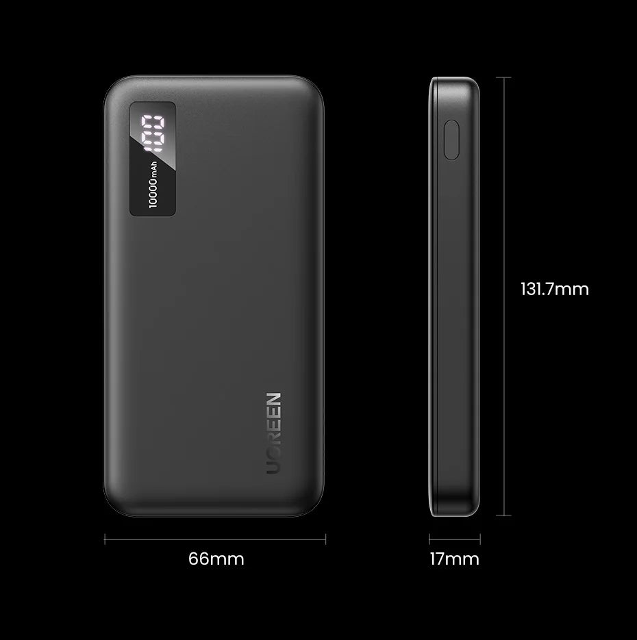 Sleek black portable power bank with digital display and dimensions shown.