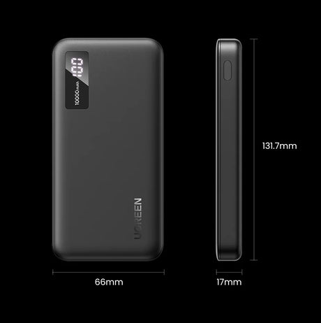 Sleek black portable power bank with digital display and dimensions shown.