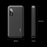 Sleek black portable power bank with digital display and dimensions shown.