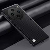 Sleek black smartphone case with a textured carbon fiber pattern and circular quad-camera array.