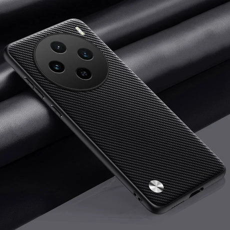 Sleek black smartphone case with a textured carbon fiber pattern and circular quad-camera array.