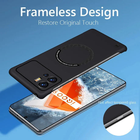 Sleek black smartphone case with a circular camera cutout and frameless design.