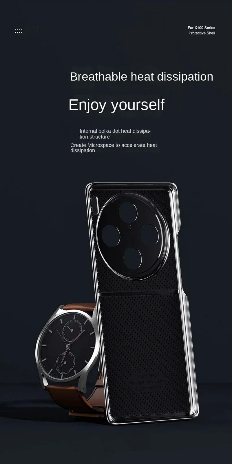 Sleek black smartphone with a circular camera array on its back panel, positioned next to a wristwatch with a brown leather strap.