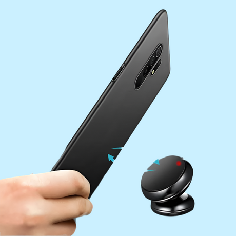 Sleek black smartphone with a dual-lens camera and a separate magnetic car mount.