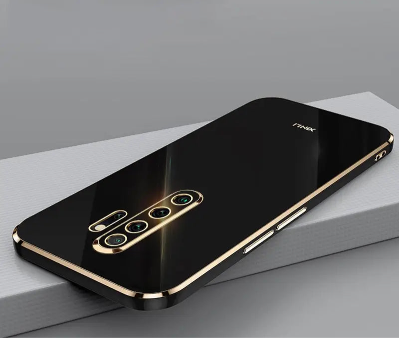 Sleek black smartphone with gold trim and multiple camera lenses.