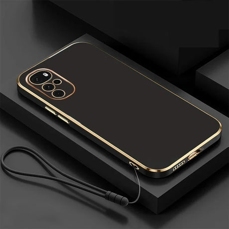 Sleek black smartphone with a gold-trimmed edge and triple camera setup.