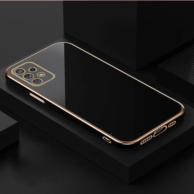 Sleek black smartphone with a gold-trimmed edge and multiple camera lenses.