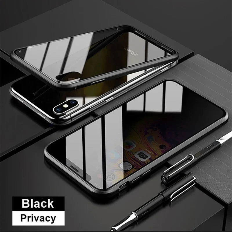 Shockproof 360 Full Protection Anti-peeping Metal Magnetic Closure Case For iPhone 15 14 13 12 11 Pro Max X XR XS 8 7 Plus Double-sided Glass Cover