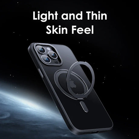 Sleek black smartphone with a triple-lens camera and a magnetic ring attachment on the back.