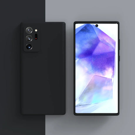 Sleek black smartphone with a triple camera setup next to another smartphone displaying a colorful geometric wallpaper.