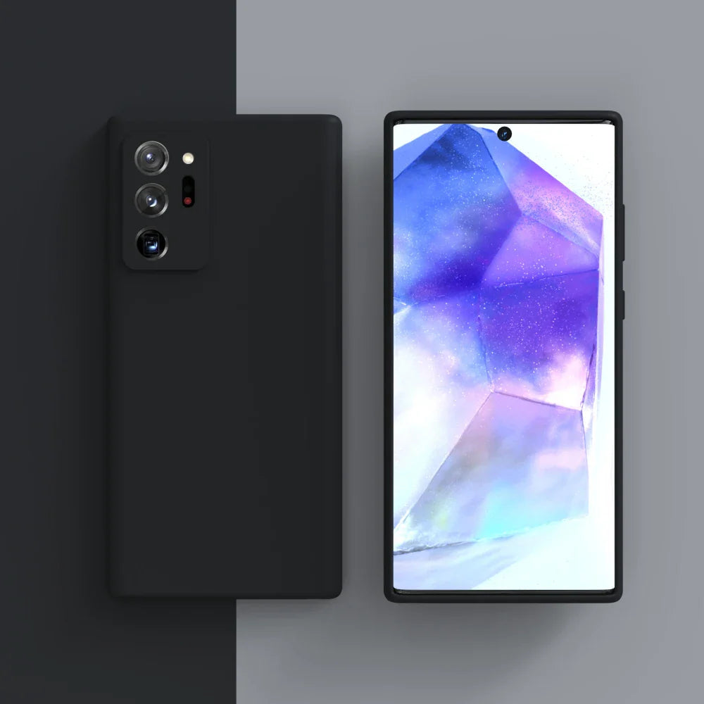 Sleek black smartphone with a triple camera setup next to another smartphone displaying a colorful geometric wallpaper.