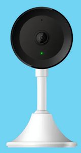 Sleek black and white security camera with a circular lens mounted on a conical base.