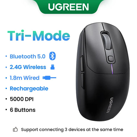 Sleek black wireless computer mouse with multiple connectivity options and buttons.