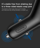 Sleek black wireless earbud with highlighted features indicating stability and vibration reduction.