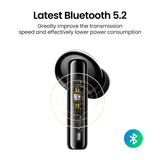 Sleek black wireless earbud with a digital display showing ’5.2’’ on its stem.