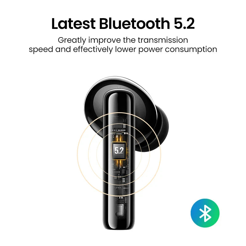 Sleek black wireless earbud with a digital display showing ’5.2’’ on its stem.