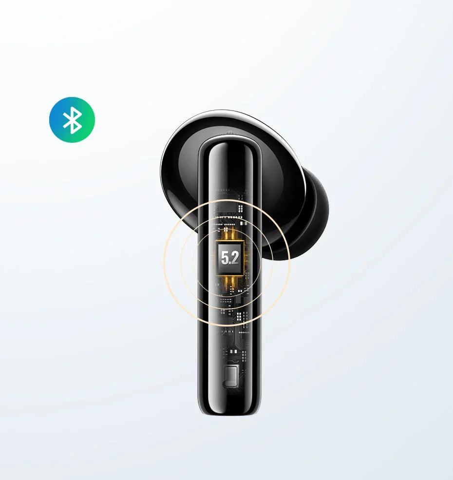 Sleek black wireless earbud with a digital display and Bluetooth icon.