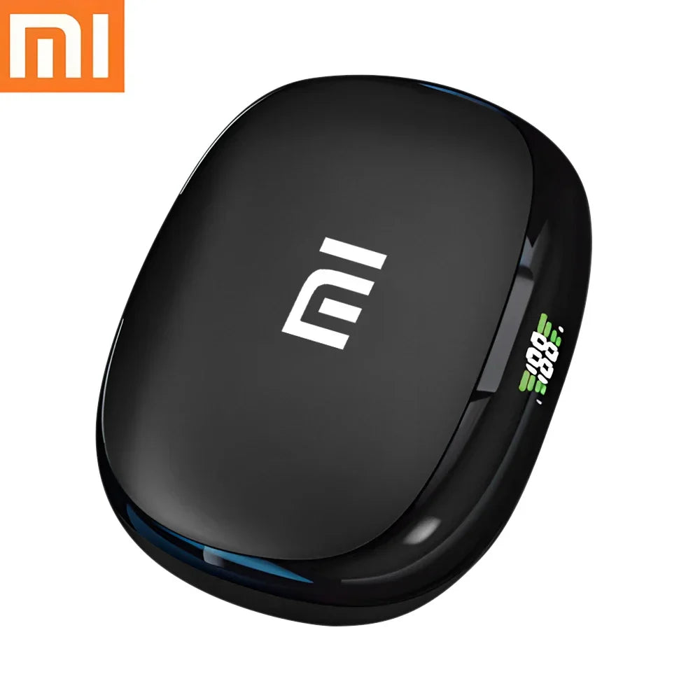 Sleek black Xiaomi wireless device with the Mi logo and a small digital display.