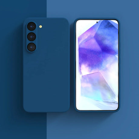 Sleek blue smartphone with a triple-camera setup and vibrant purple display.