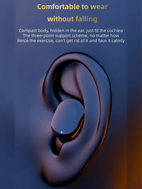 Sleek, dark-colored wireless earbud nestled in a model of a human ear.