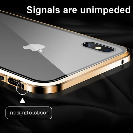 Sleek iPhone with a gold-edged protective case highlighting its unimpeded signal capabilities.