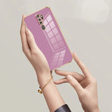 Back side of a sleek lavender glass gloss gold plating edge case with gold plating edge for Oppo A9 phone