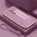 Back side of a sleek lavender gloss gold plating edge case for oppo a9 with gold plating trim and integrated wrist strap