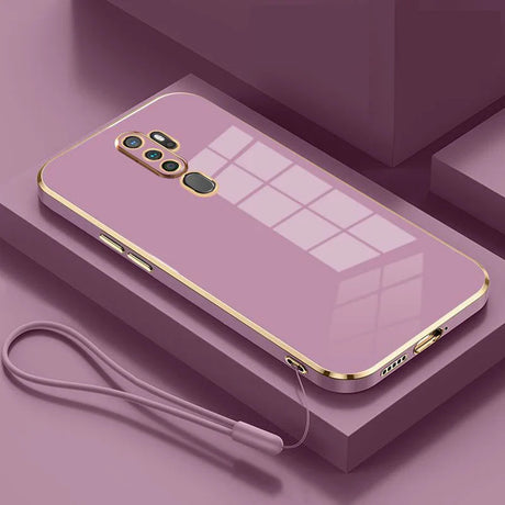 Back side of a sleek lavender gloss gold plating edge case for oppo a9 with gold plating trim and integrated wrist strap