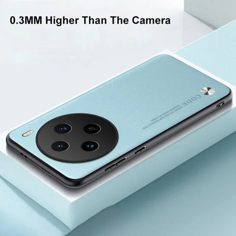 Sleek light blue smartphone with a circular camera module containing multiple lenses.