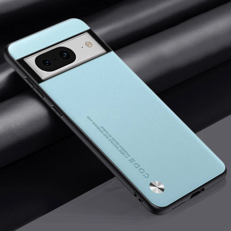 Sleek light blue smartphone with a distinctive camera module and metallic accents.