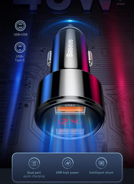 Sleek metallic car charger with illuminated USB ports and futuristic design elements.