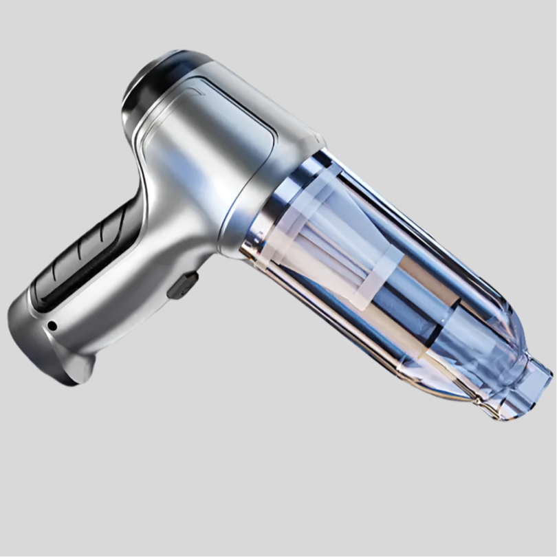 Sleek, metallic hair dryer with a transparent blue attachment.