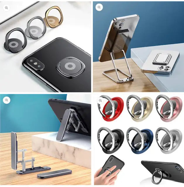 A sleek, minimalist phone stand with a metallic finish and adjustable angle for stable support.