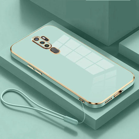 Back view of a sleek mint green gloss gold plating edge case with gold trim and wrist strap for oppo a9