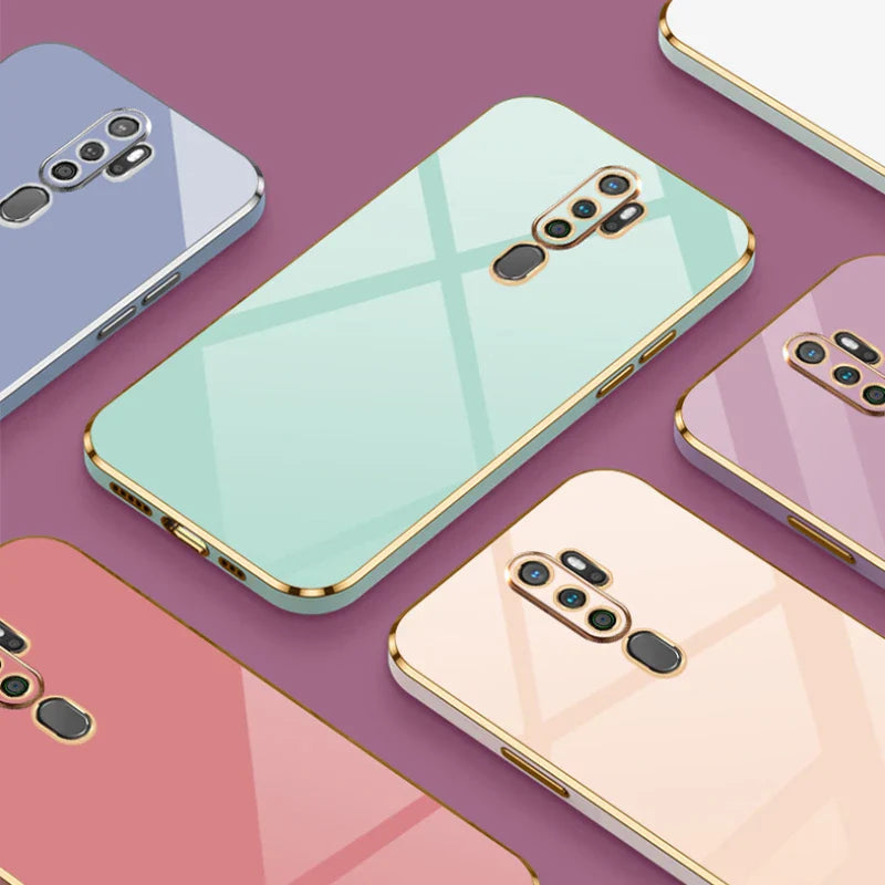 Back side of a pastel green glass phone case with gloss gold plating edge for oppo a9 with reflective surface