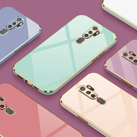 Back side of a pastel green glass phone case with gloss gold plating edge for oppo a9 with reflective surface