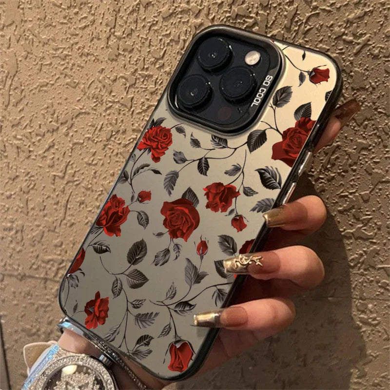 Back side of a sleek phone case for samsung galaxy with a vibrant red rose and black leaf pattern on off-white background